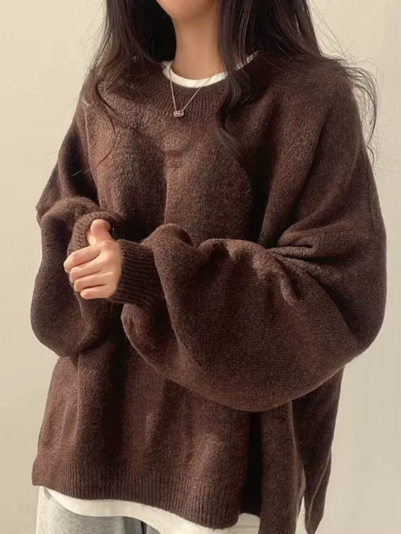 Chic Autumn Winter Women'S round Ne Pullover Sweater Loose Lantern Sve Thermal Knitted Thiened Long Sve Warm Coat