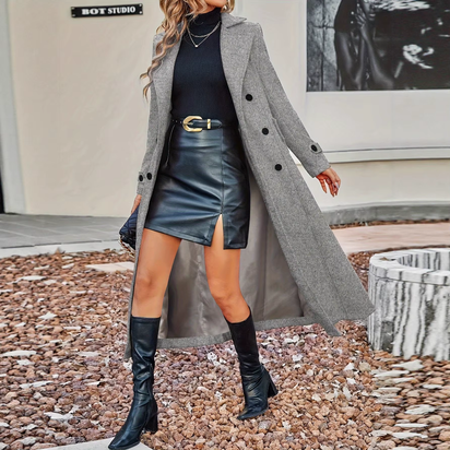 Women'S Coat Full Sleeve Lapel Double-Breasted Breasted Pocket Female Long Coats Autumn Winter Chic Lady Jakcet 