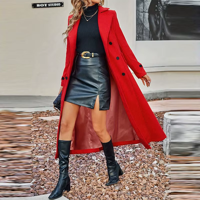 Women'S Coat Full Sleeve Lapel Double-Breasted Breasted Pocket Female Long Coats Autumn Winter Chic Lady Jakcet 