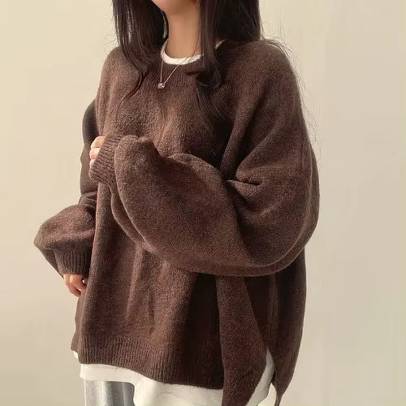Chic Autumn Winter Women'S round Ne Pullover Sweater Loose Lantern Sve Thermal Knitted Thiened Long Sve Warm Coat