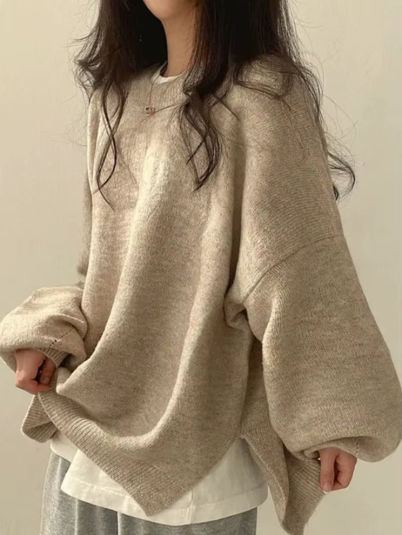 Chic Autumn Winter Women'S round Ne Pullover Sweater Loose Lantern Sve Thermal Knitted Thiened Long Sve Warm Coat